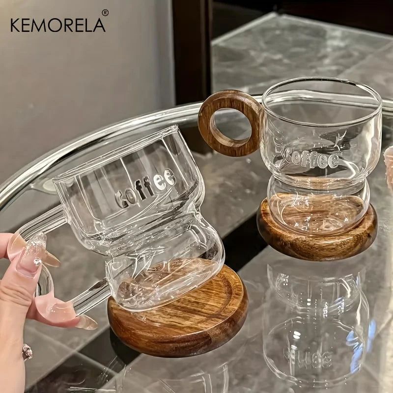 Wavy Glass Coffee Mug with Round Wood Handle & Saucer (250/350ml)