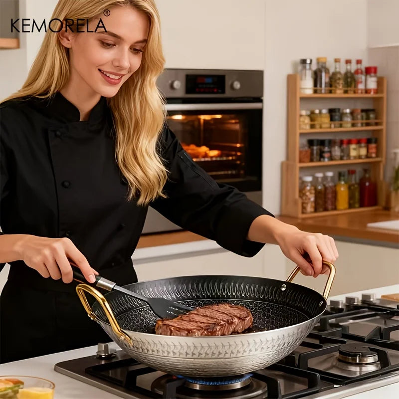 Hammered Carbon Steel Wok with Gold Handles (30/32/34cm)