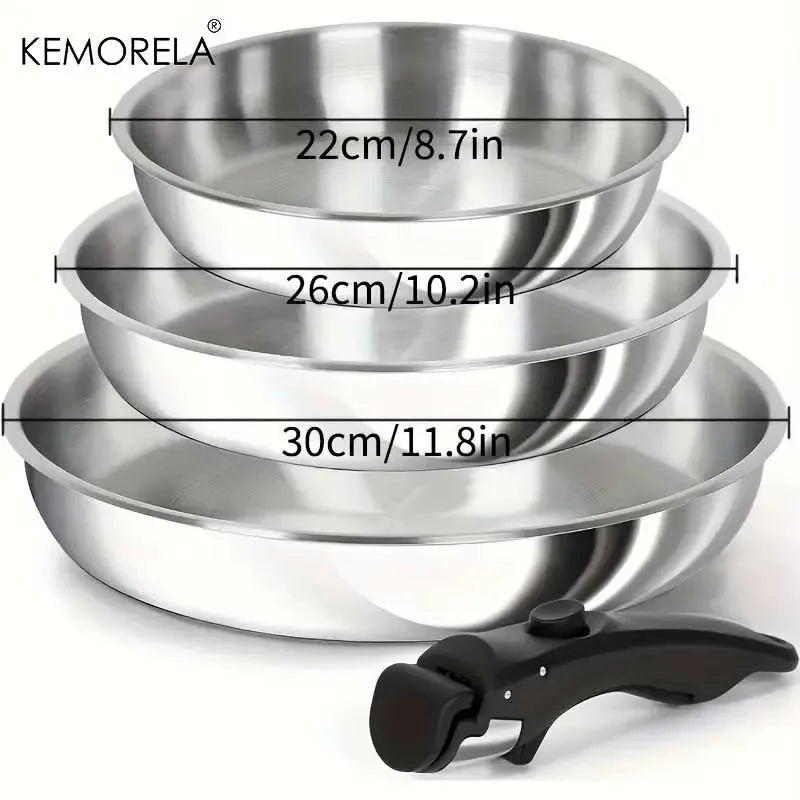 Stainless Steel Frying Pan Set with Detachable Handle (3-Piece: 20/24/28cm)