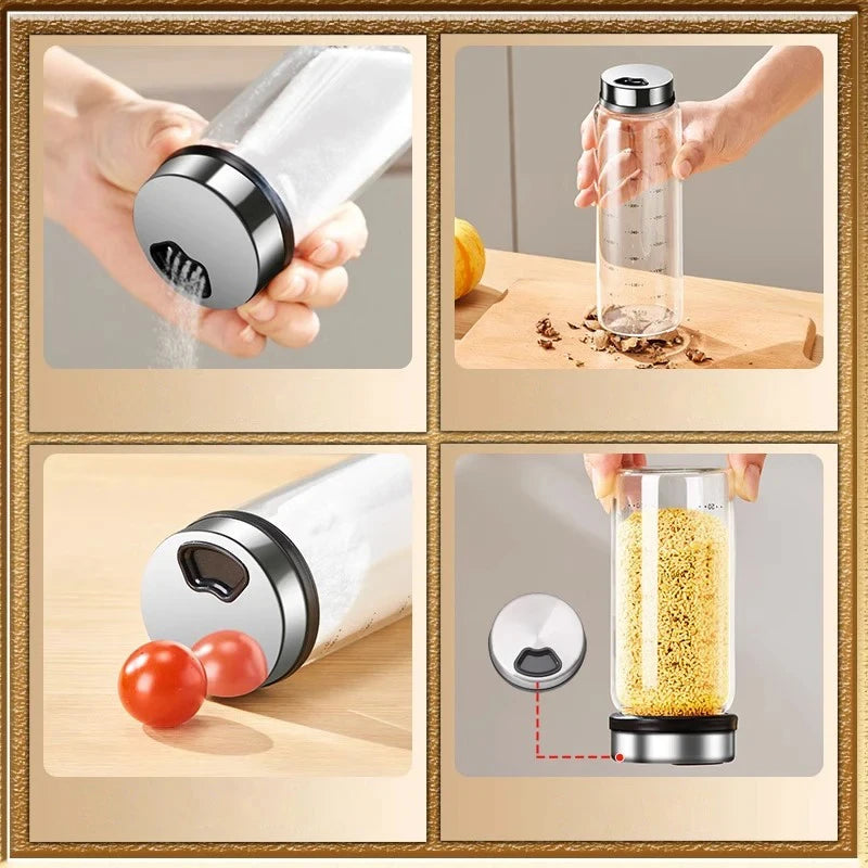 Glass Spice Jars with Flip-Top Stainless Steel Lids & Measurement Scale