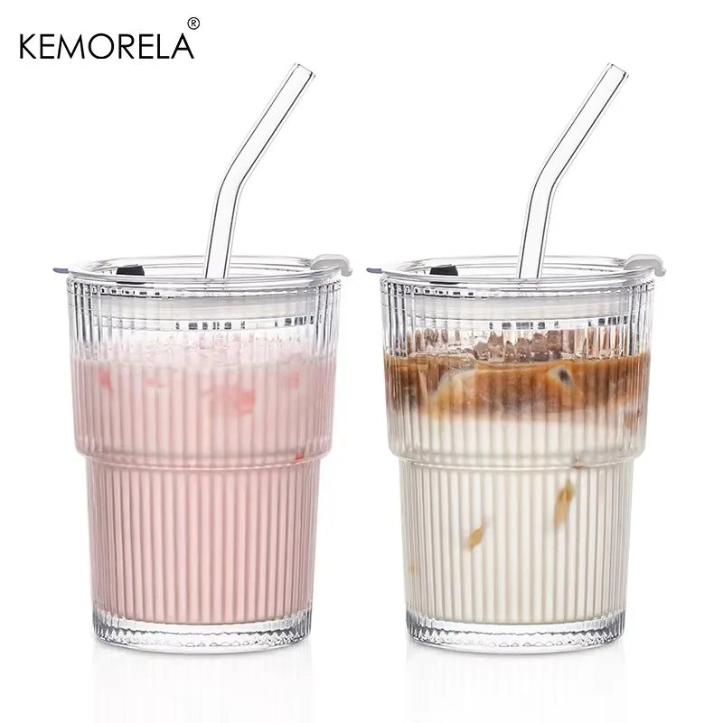 Ribbed Glass Cup with Lid & Glass Straw