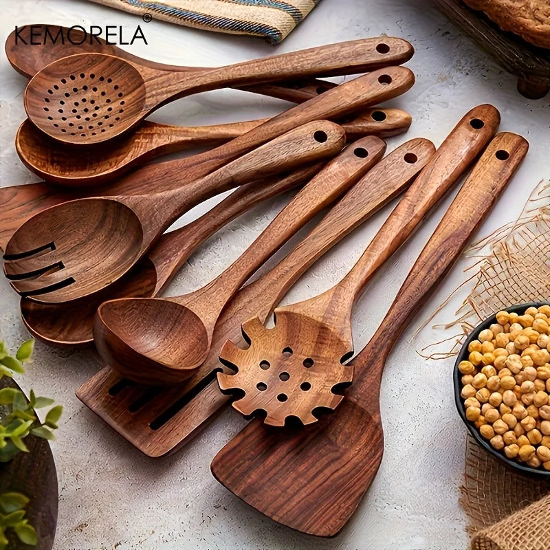 Solid Teak Wood Kitchen Utensil Set with Holder (9-Piece)