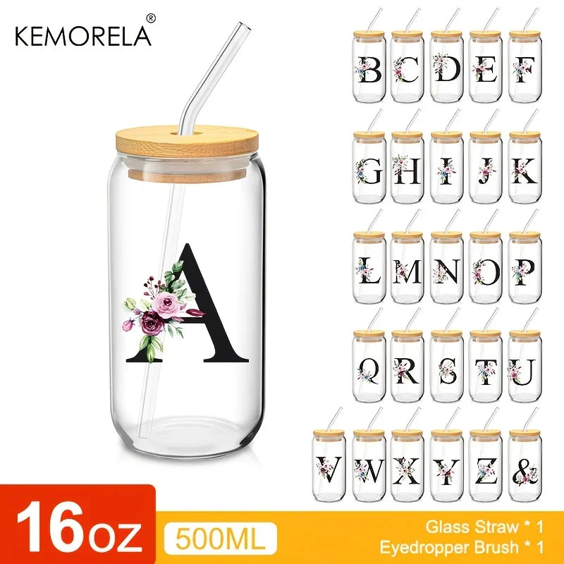Personalized Initial Letter Glass Can Cup with Bamboo Lid & Straw (500ml)