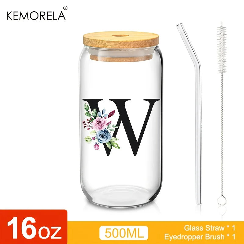 Personalized Initial Letter Glass Can Cup with Bamboo Lid & Straw (500ml)
