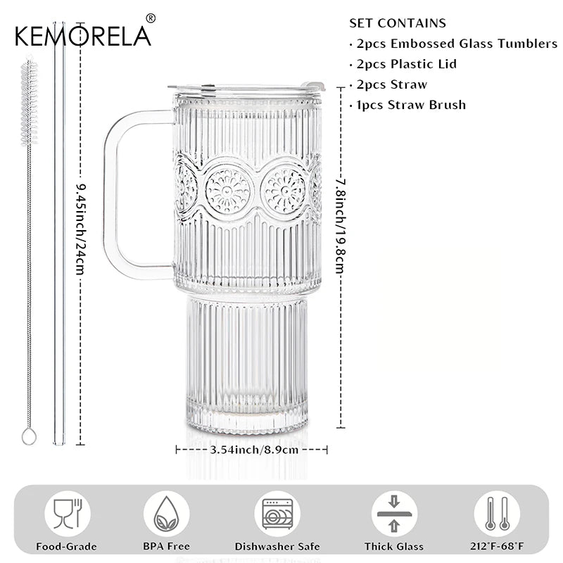Ribbed Glass Tumbler with Handle, Lid & Glass Straw (600ml)