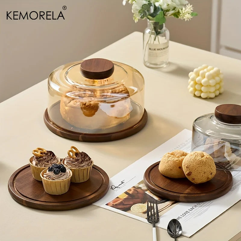 Glass Cake Stand with Walnut Wood Base & Dome