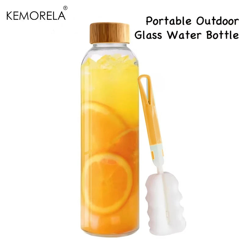 Portable Borosilicate Glass Water Bottle with Bamboo Lid & Cleaning Brush (500/700ml)