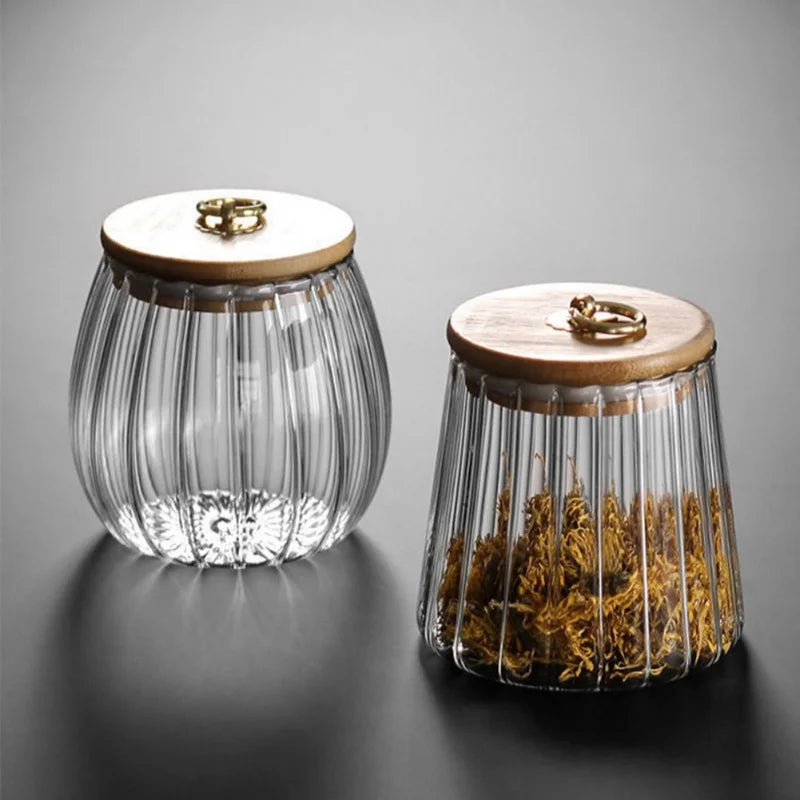 Ribbed Glass Jar with Bamboo Lid & Gold Ring