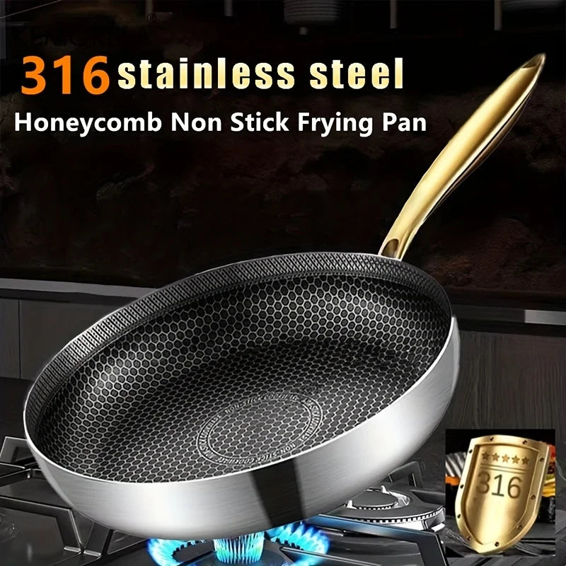 316 Stainless Steel Honeycomb Non-Stick Frying Pan with Gold Handle