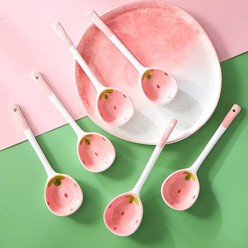 Hand-Painted Strawberry Ceramic Soup Ladle (Set of 5)