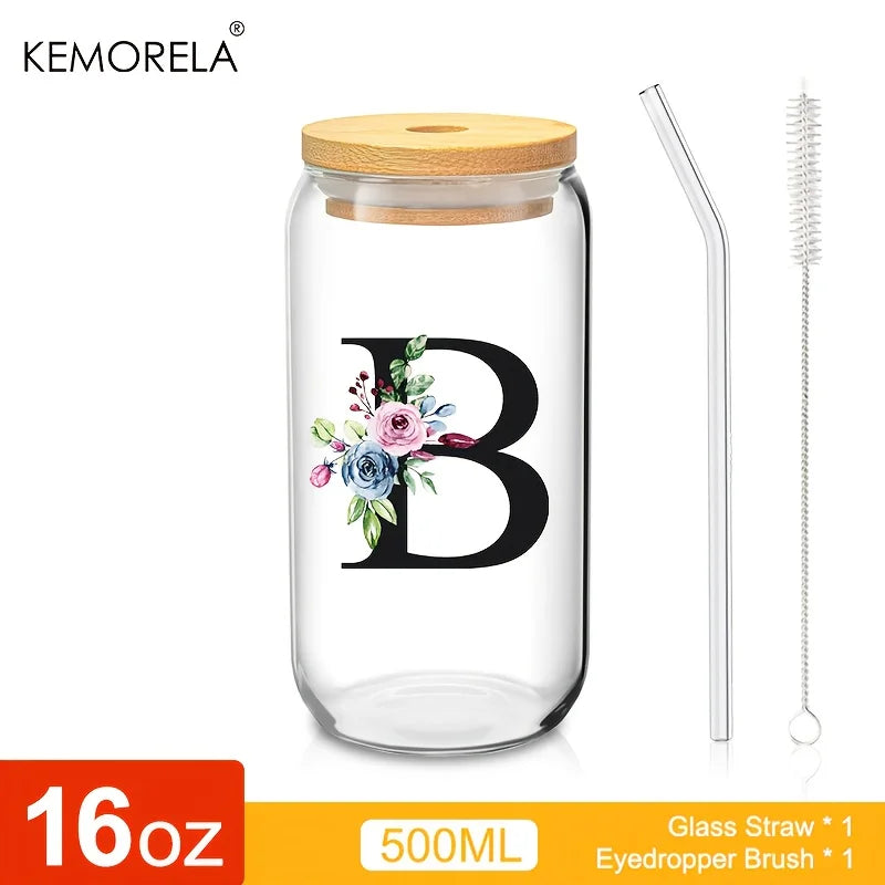 Personalized Initial Letter Glass Can Cup with Bamboo Lid & Straw (500ml)