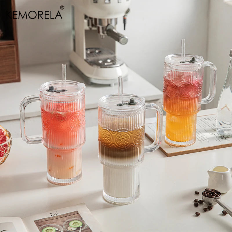 Ribbed Glass Tumbler with Handle, Lid & Glass Straw (600ml)