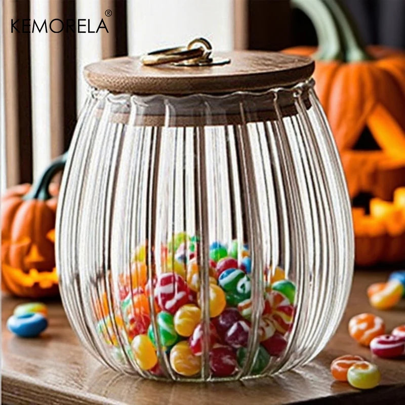 Ribbed Glass Storage Jar with Bamboo Lid & Ring Pull (500/800ml)