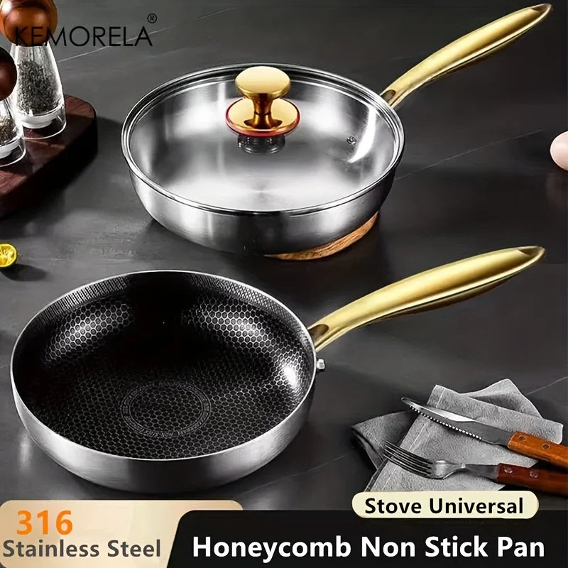 316 Stainless Steel Honeycomb Non-Stick Frying Pan with Gold Handle