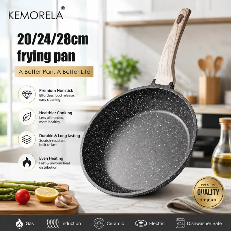 Granite-Coated Non-Stick Frying Pan with Wood-Effect Handle (20/24/28cm)