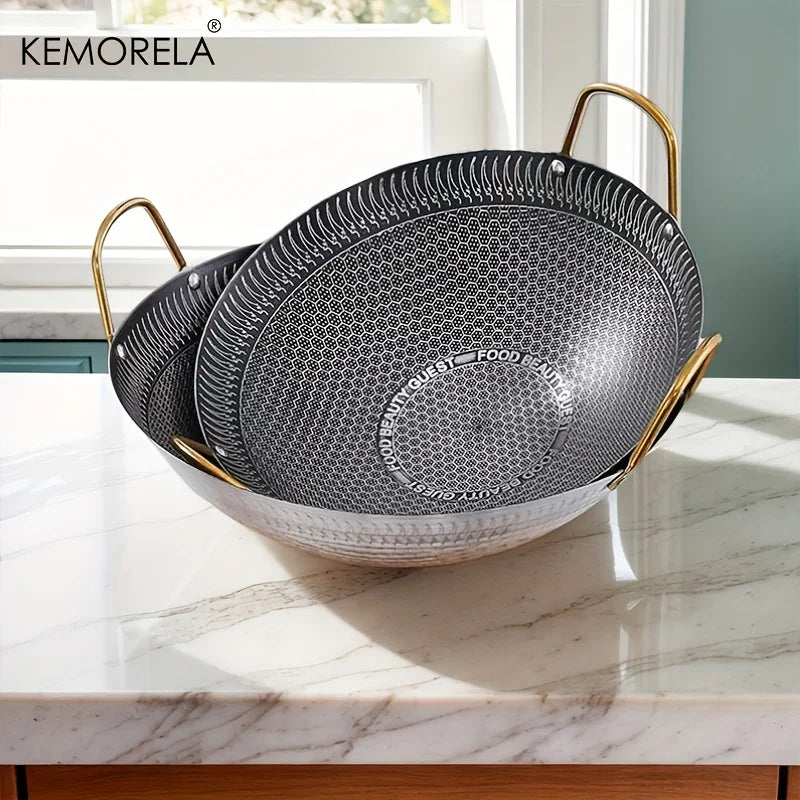 Hammered Carbon Steel Wok with Gold Handles (30/32/34cm)