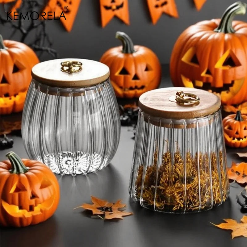 Ribbed Glass Storage Jar with Bamboo Lid & Ring Pull (500/800ml)