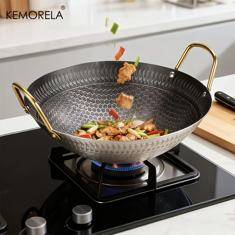 Hammered Carbon Steel Wok with Gold Handles (30/32/34cm)