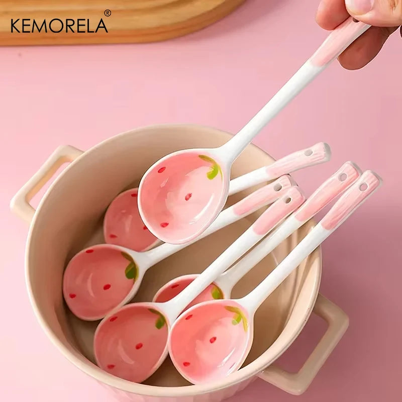 Hand-Painted Strawberry Ceramic Soup Ladle (Set of 5)