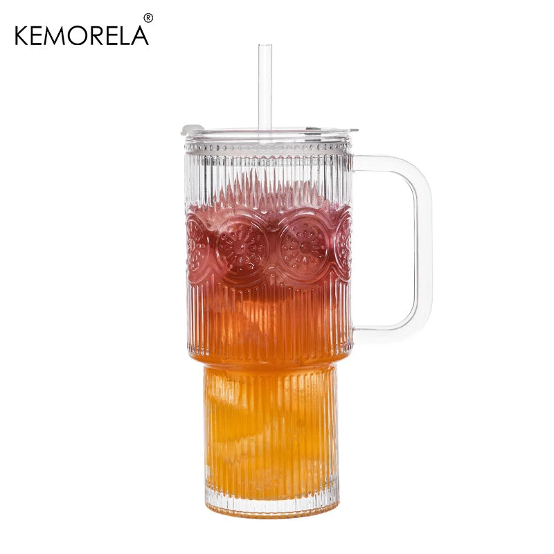 Ribbed Glass Tumbler with Handle, Lid & Glass Straw (600ml)
