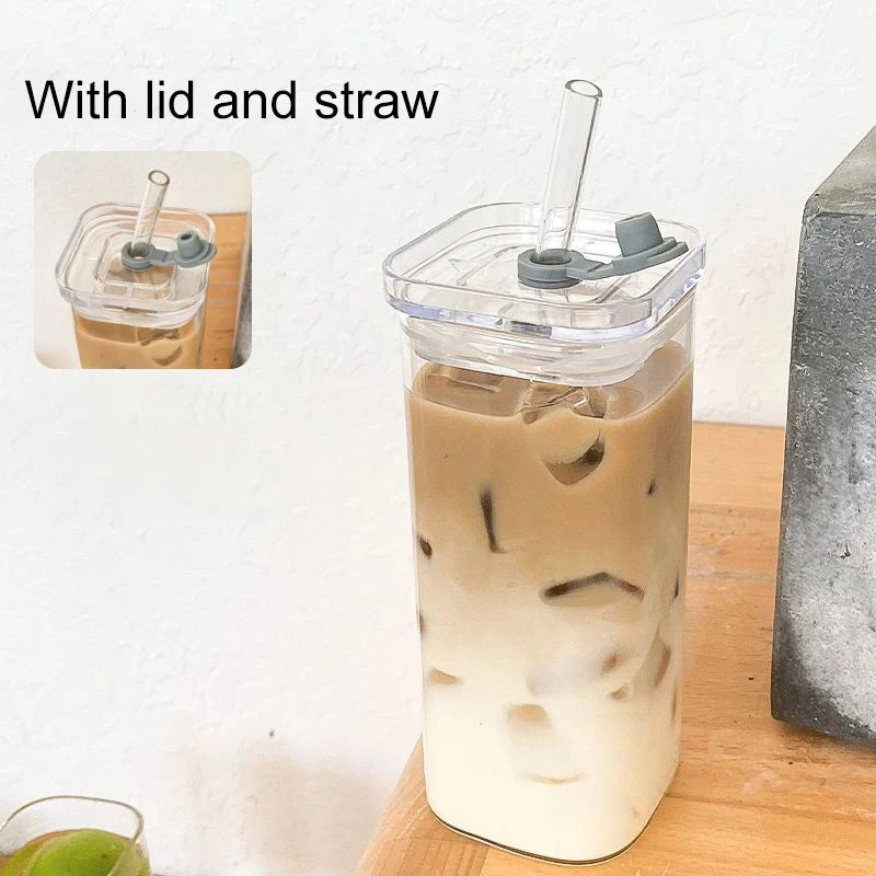 Square Glass Cups with Lids & Straws (6pcs)