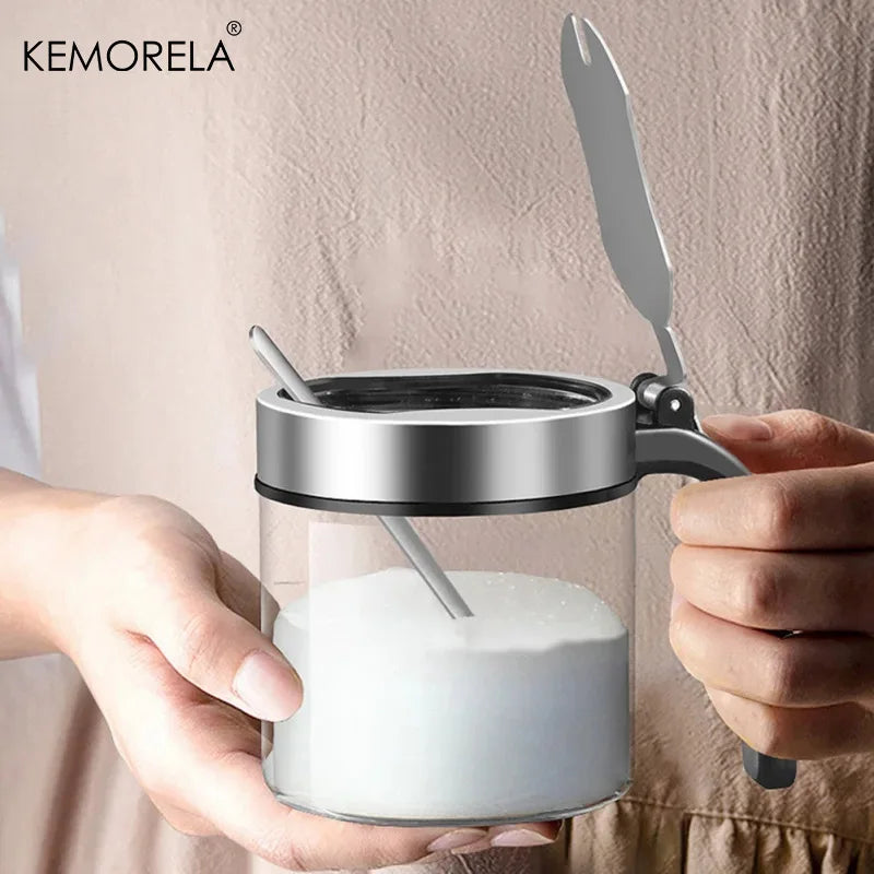 Glass Condiment Jar with Flip Lid & Spoon