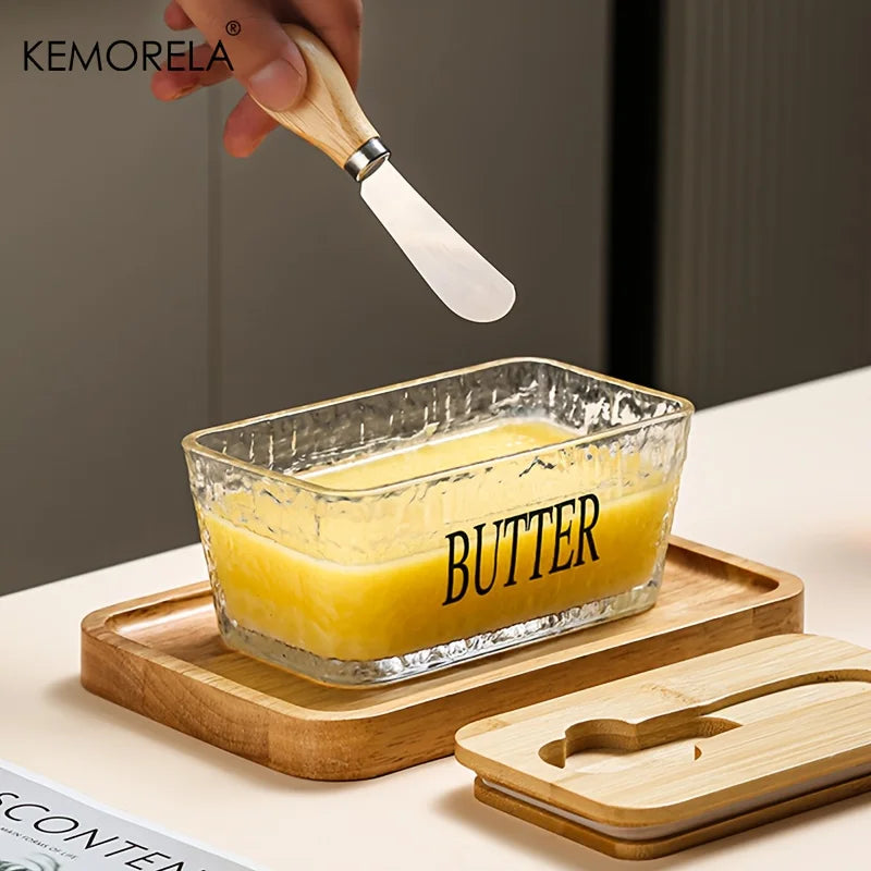 Ribbed Glass Butter Dish with Bamboo Lid