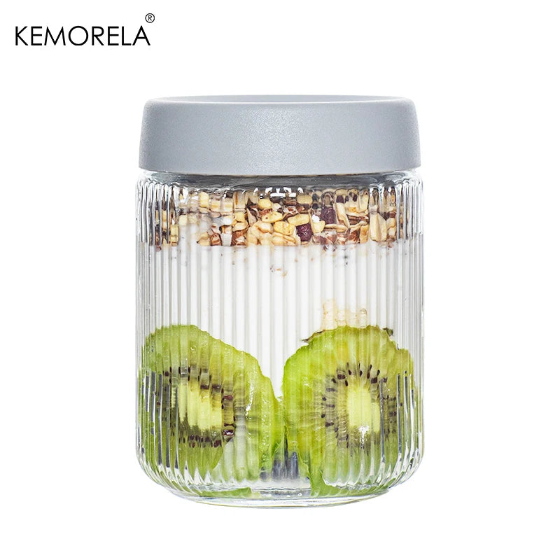 Ribbed Glass Yogurt & Overnight Oats Jar with Colored Lid (4pcs)