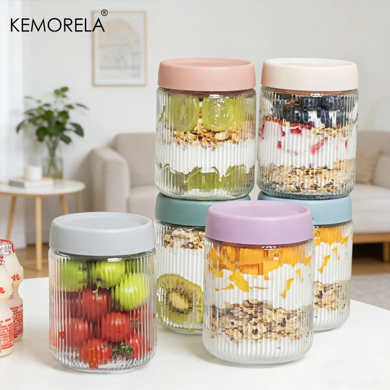 Ribbed Glass Yogurt & Overnight Oats Jar with Colored Lid (4pcs)