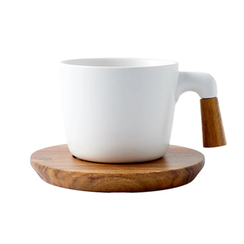 White Ceramic Tea Set with Wooden Handles & Acacia Coasters (Teapot + 4 Cups)