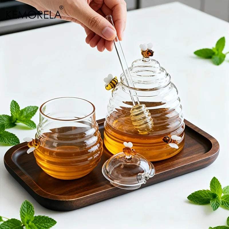 Glass Beehive Honey Jar with Dipper & Lid