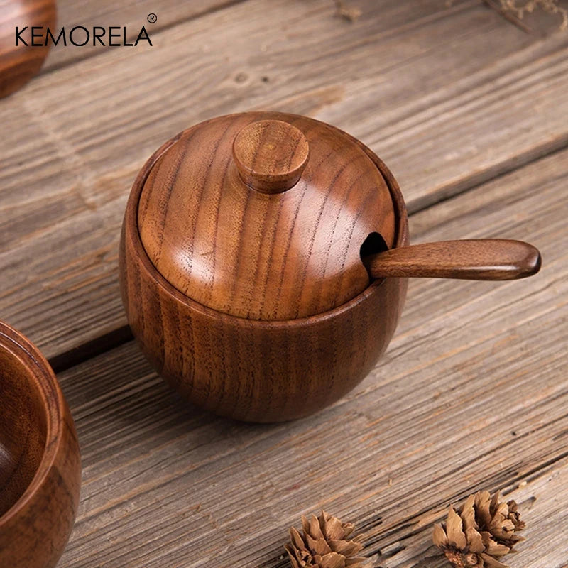 Round Solid Wood Spice Jar with Lid & Long Spoon (Set of 2)