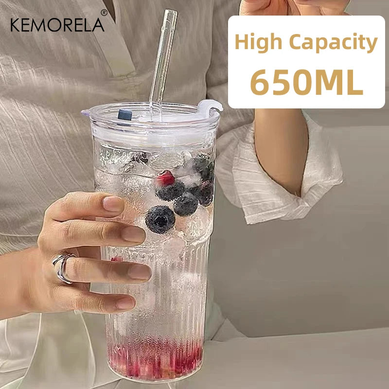 Tall Ribbed Glass Tumbler with Flip Lid & Glass Straw (650ml)