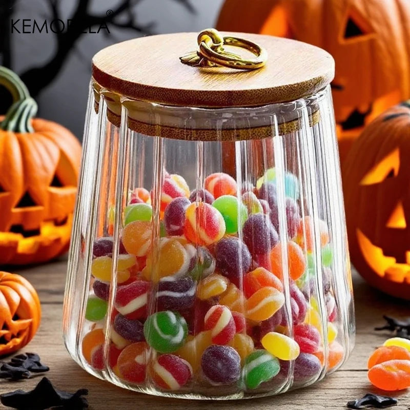 Ribbed Glass Storage Jar with Bamboo Lid & Ring Pull (500/800ml)
