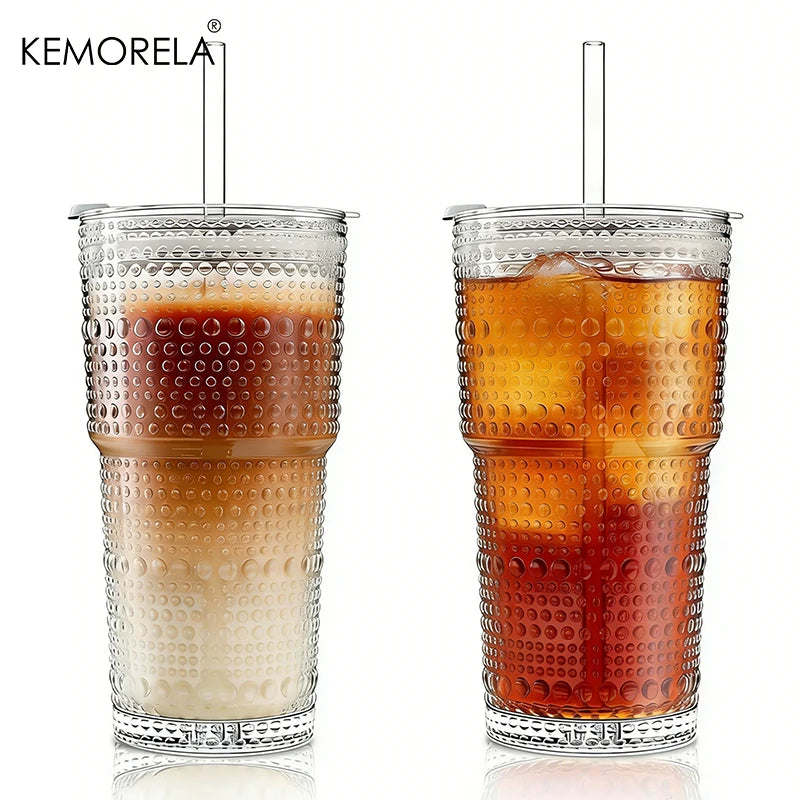 Hobnail Glass Cup with Lid & Straw 600ml (1-2pcs)