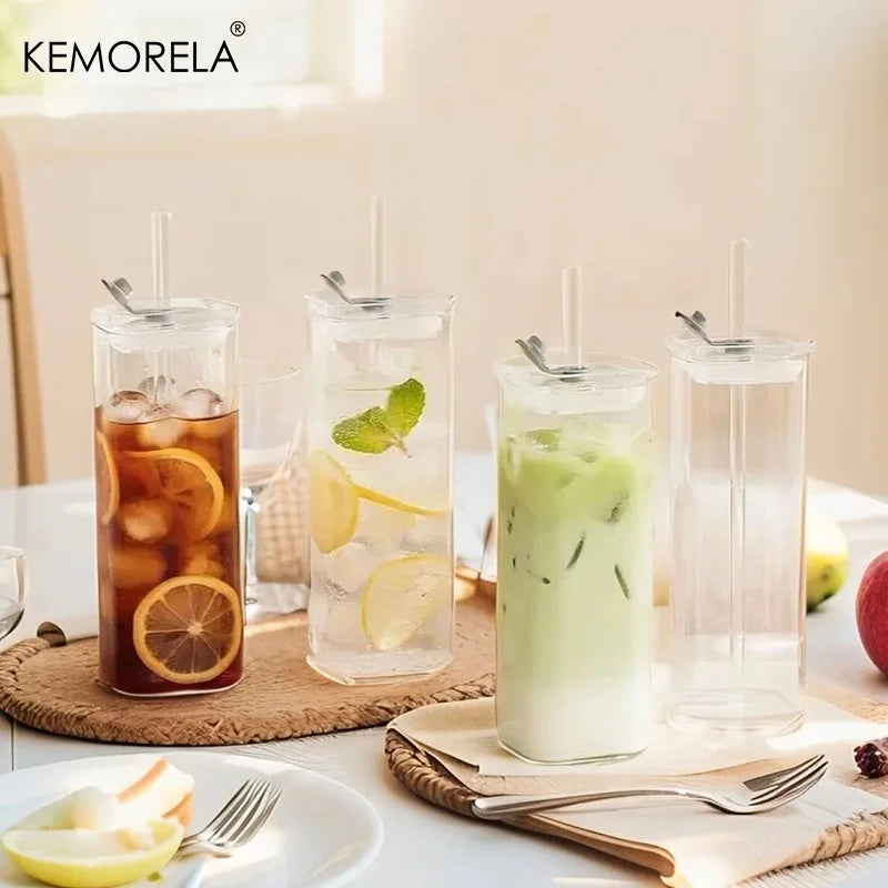 Tall Square Glass Cup with Flip Lid & Straw