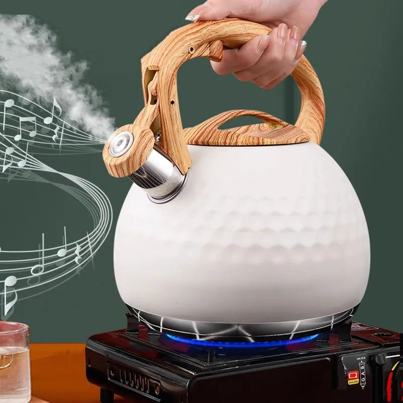 Hammered Stainless Steel Whistling Kettle with Wood Handle