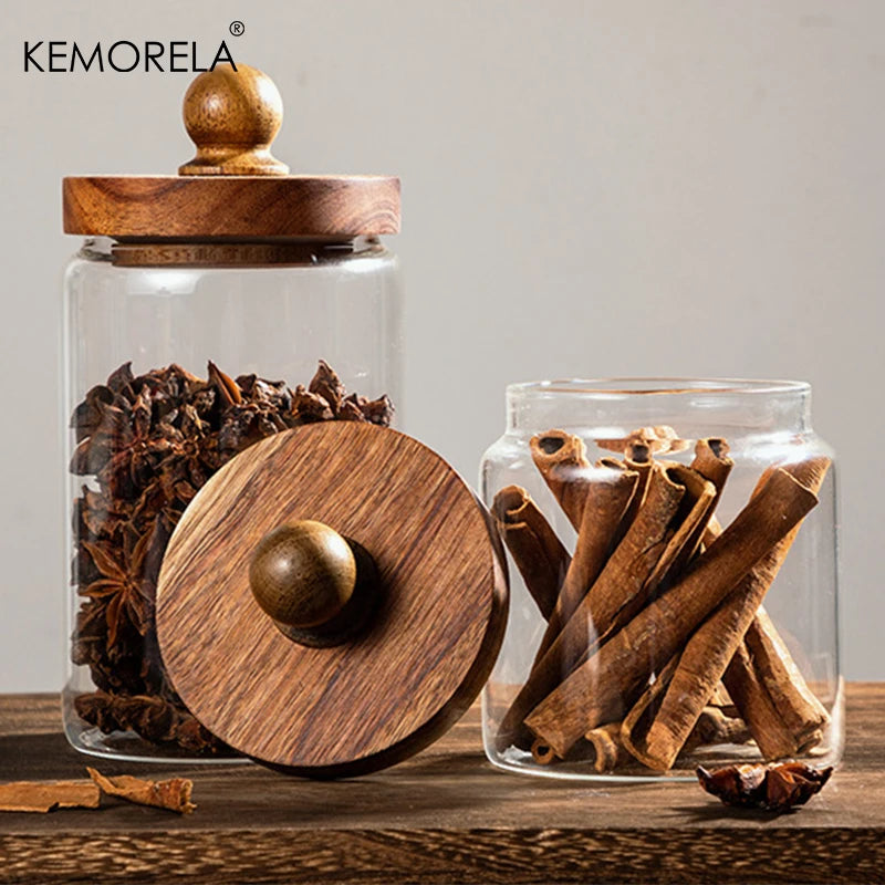 Glass Pantry Jar with Acacia Wood Ball Lid (3 Sizes)