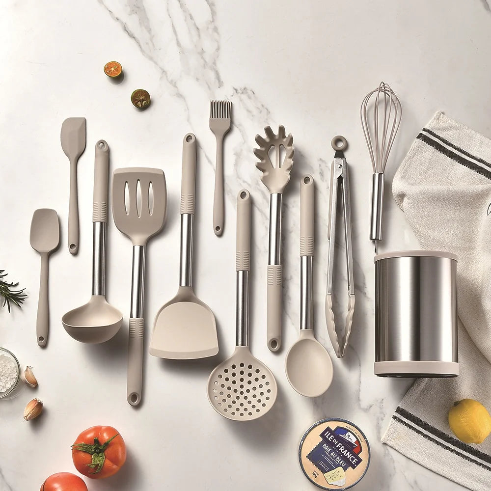 Silicone & Stainless Steel Kitchen Utensil Set with Rotating Holder (12-Piece)