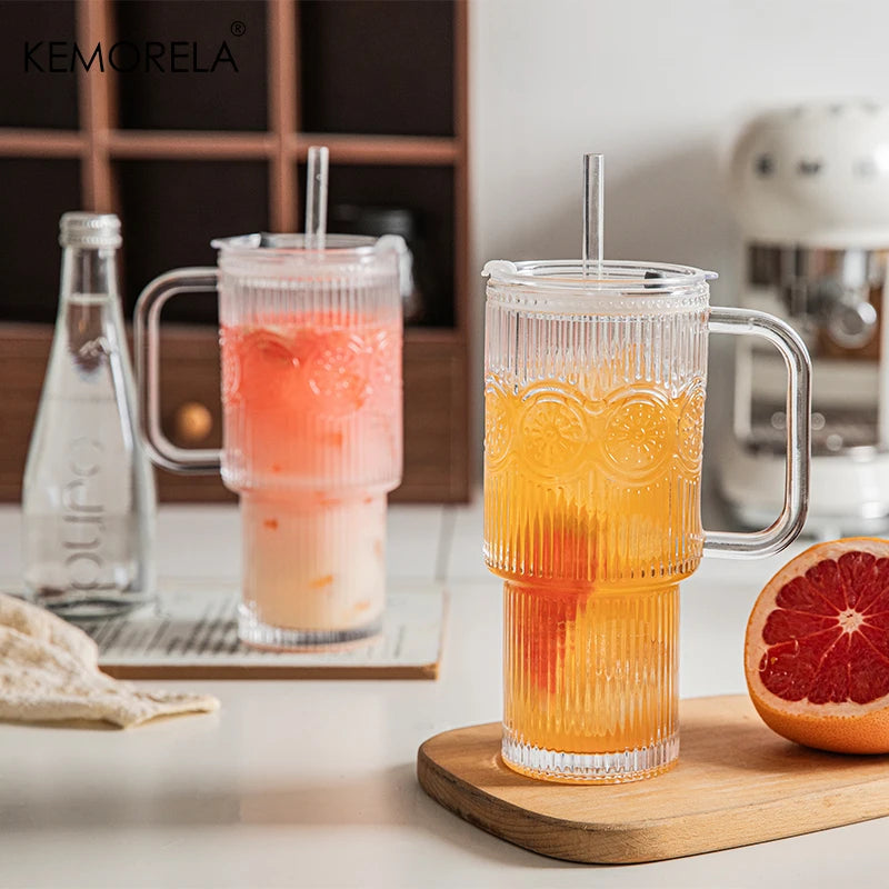 Ribbed Glass Tumbler with Handle, Lid & Glass Straw (600ml)