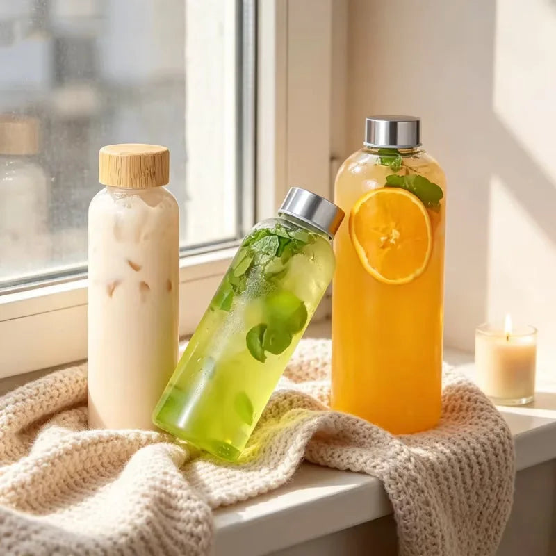 Glass Drink Bottle with Bamboo Lid