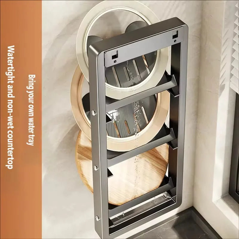 Wall-Mounted Pot Lid Organizer with Drip Tray