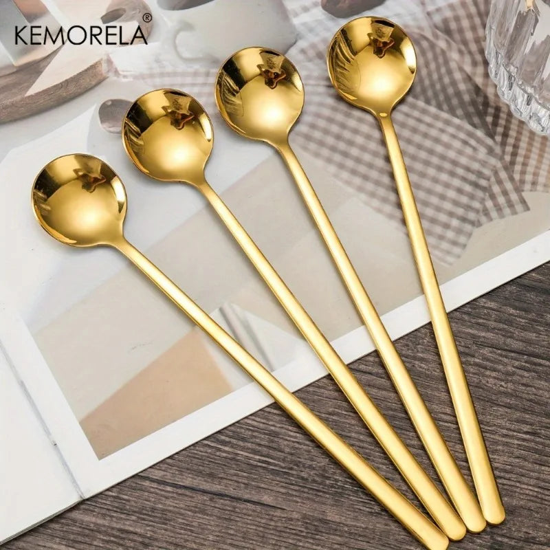 Long-Handle Gold Stainless Steel Spoons Set (4pcs)