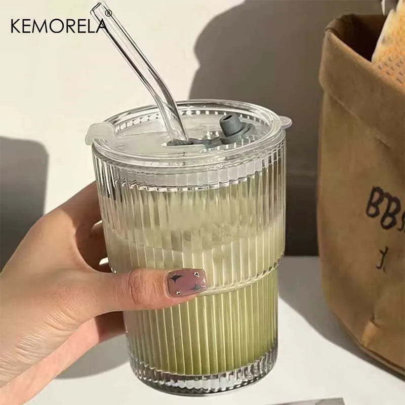 Ribbed Glass Cup with Lid & Glass Straw