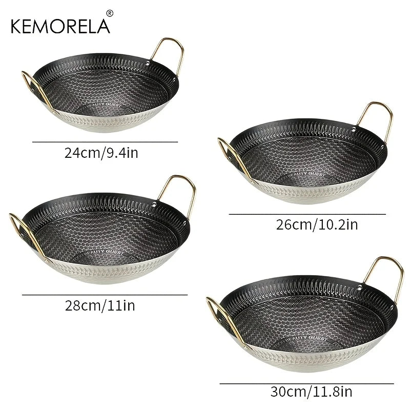 Hammered Carbon Steel Wok with Gold Handles (30/32/34cm)