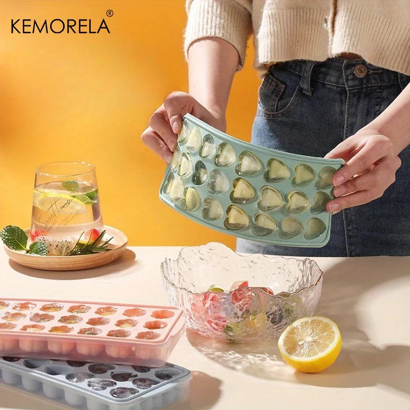 Silicone Ice Cube Tray with Lid — Heart, Round & Diamond Shapes (21-24 Cubes)
