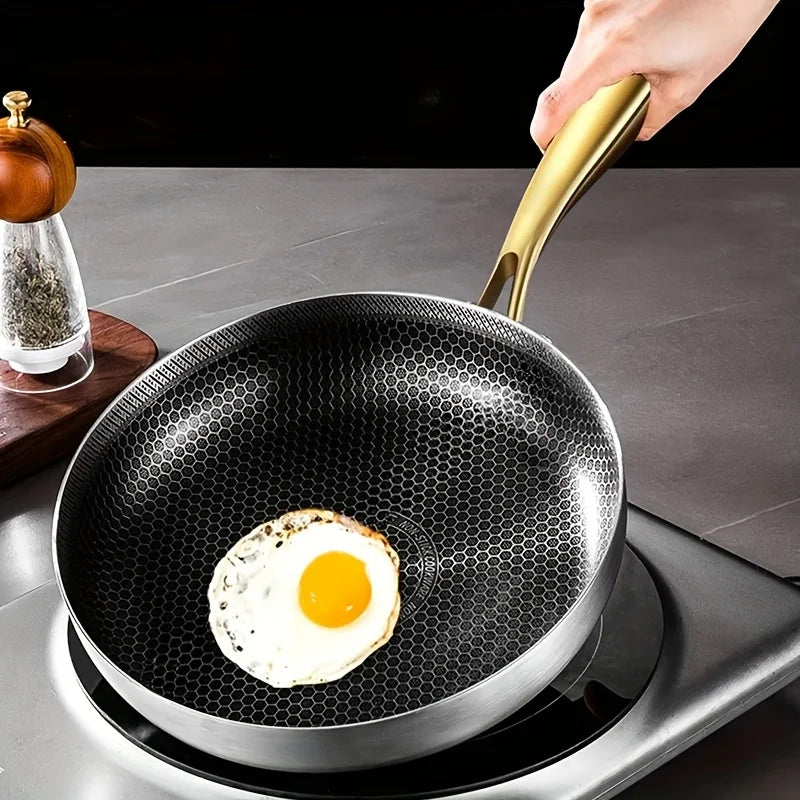 316 Stainless Steel Honeycomb Non-Stick Frying Pan with Gold Handle