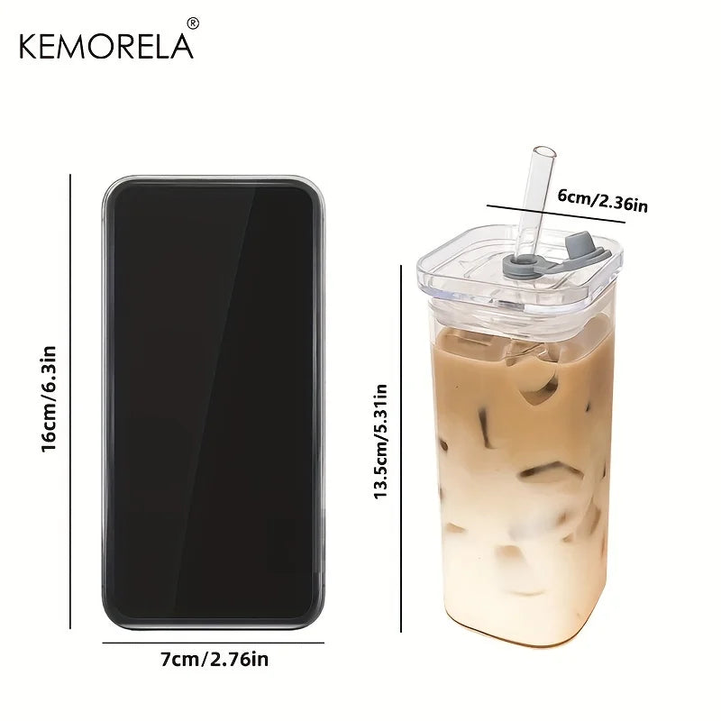 Square Glass Cups with Lids & Straws (6pcs)