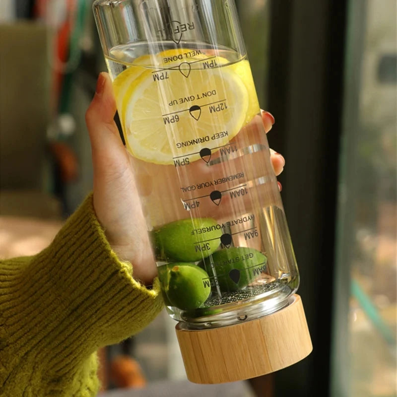 Time-Marked Glass Water Bottle with Bamboo Lid (550ml)