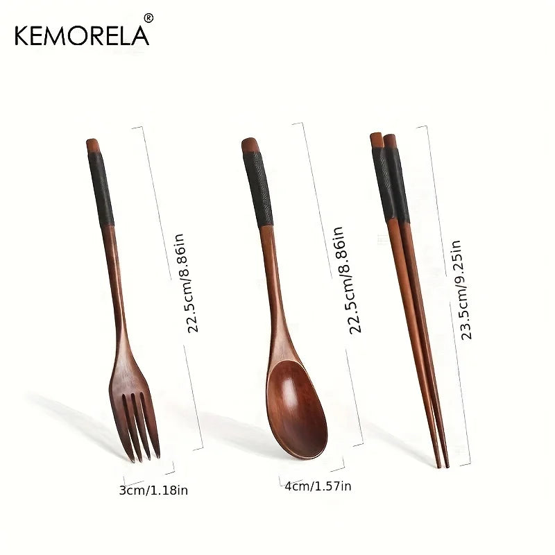 Solid Walnut Wood Cutlery Set — Chopsticks, Spoon & Fork with Rope-Wrap Handle (3-Piece)